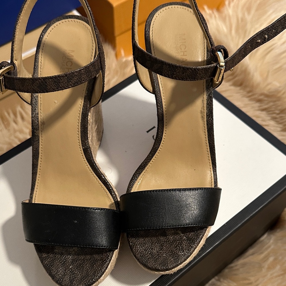 Michael Kors Black and Brown Wedge Sandals